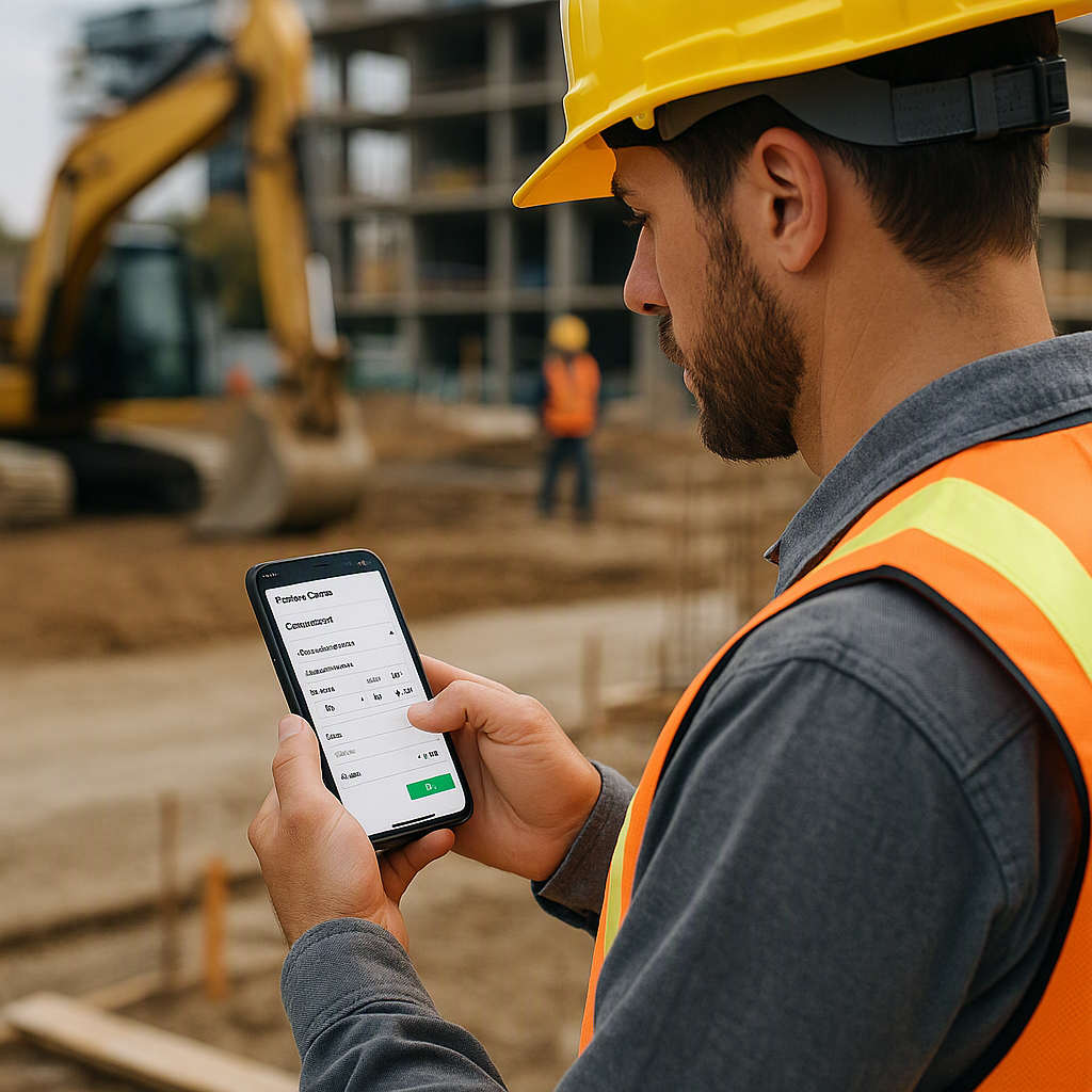 A contractor on-site using a mobile app to capture survey data, with a visible BOQ builder module on the phone screen. B...