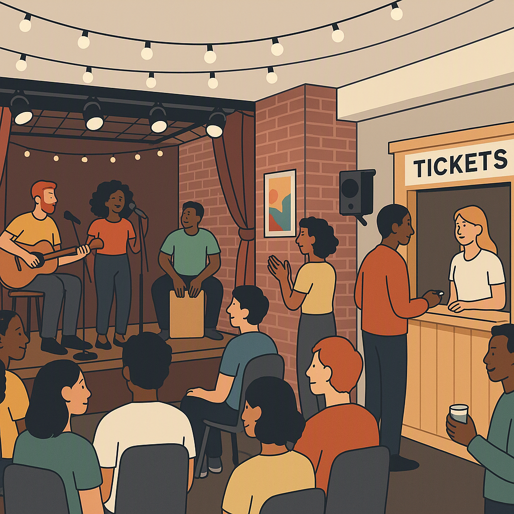 A grassroots music venue with a vibrant community event in progress, featuring diverse attendees, a small stage, and an...