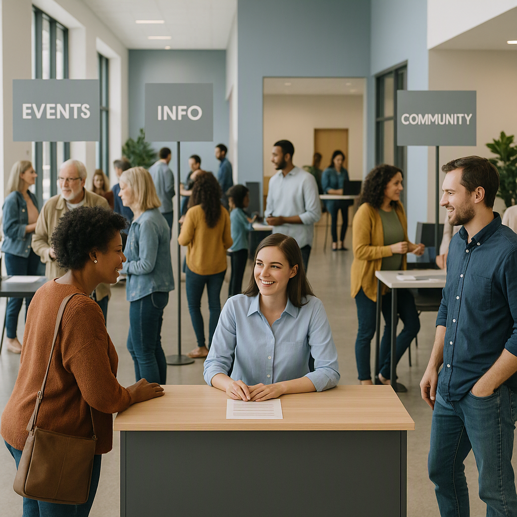 A visually engaging image of a community event in a well-organized venue, showing a mix of attendees, clear signage, and...