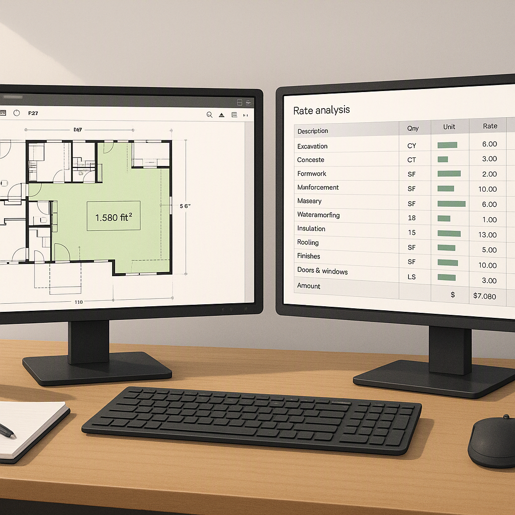 A realistic illustration of a construction estimator's workstation with dual monitors, one showing a PDF drawing with AI...