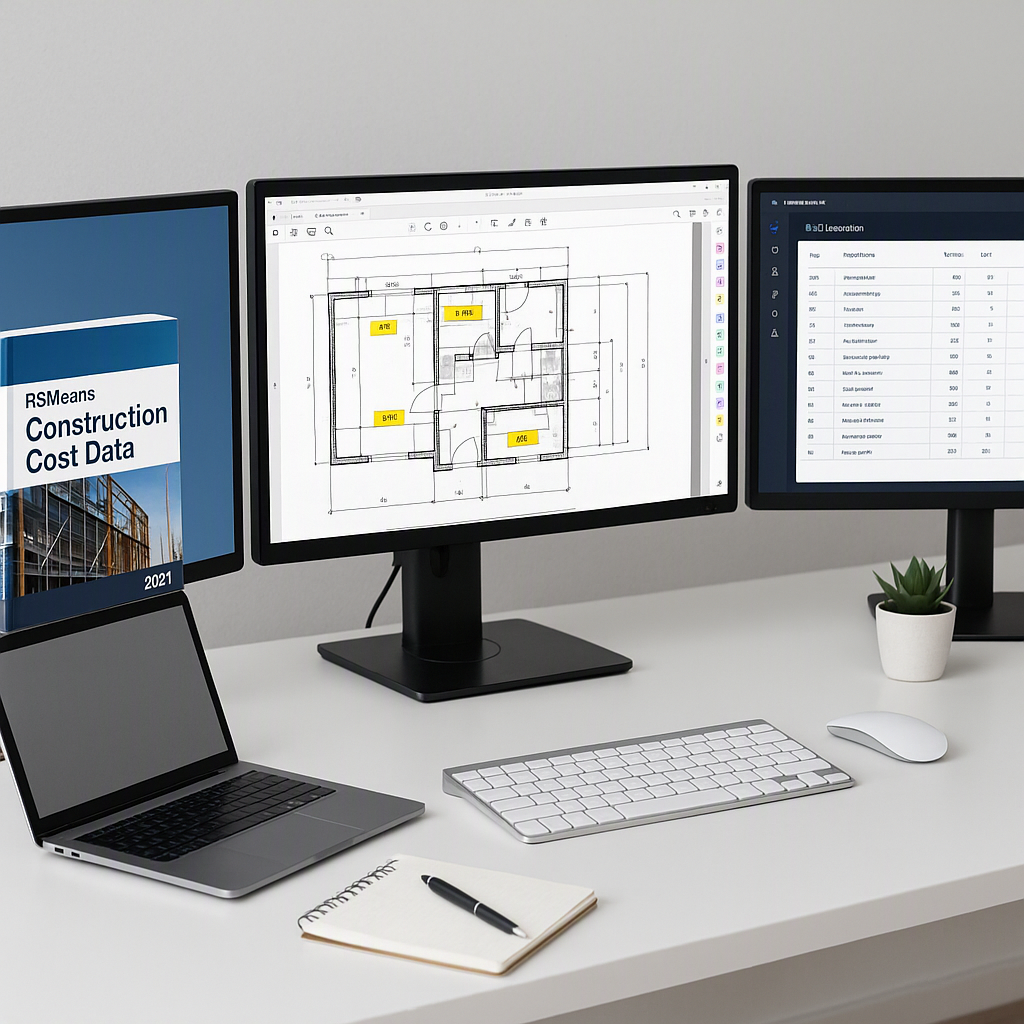 A Canadian construction estimator's workspace with RSMeans cost data open on one screen, a PDF drawing with highlighted...