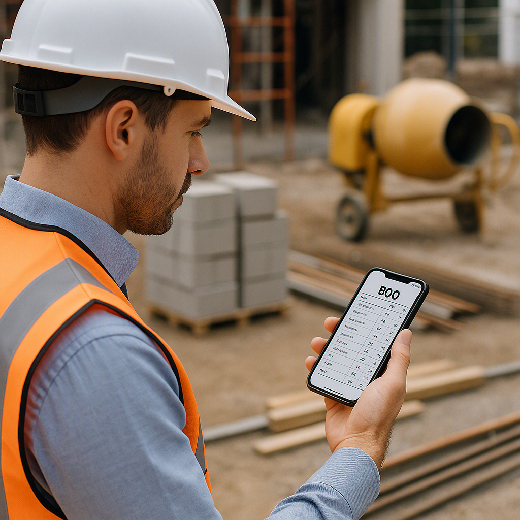 A construction site supervisor using a mobile app on-site, with a clear BOQ displayed on the screen. Background includes...
