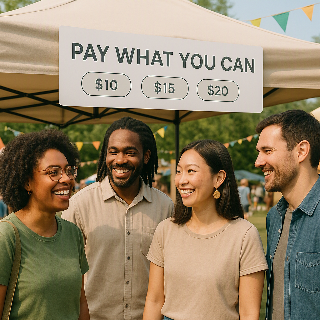 A diverse group of community members at a festival, with a banner showing 'Pay What You Can' ticketing options and an ec...