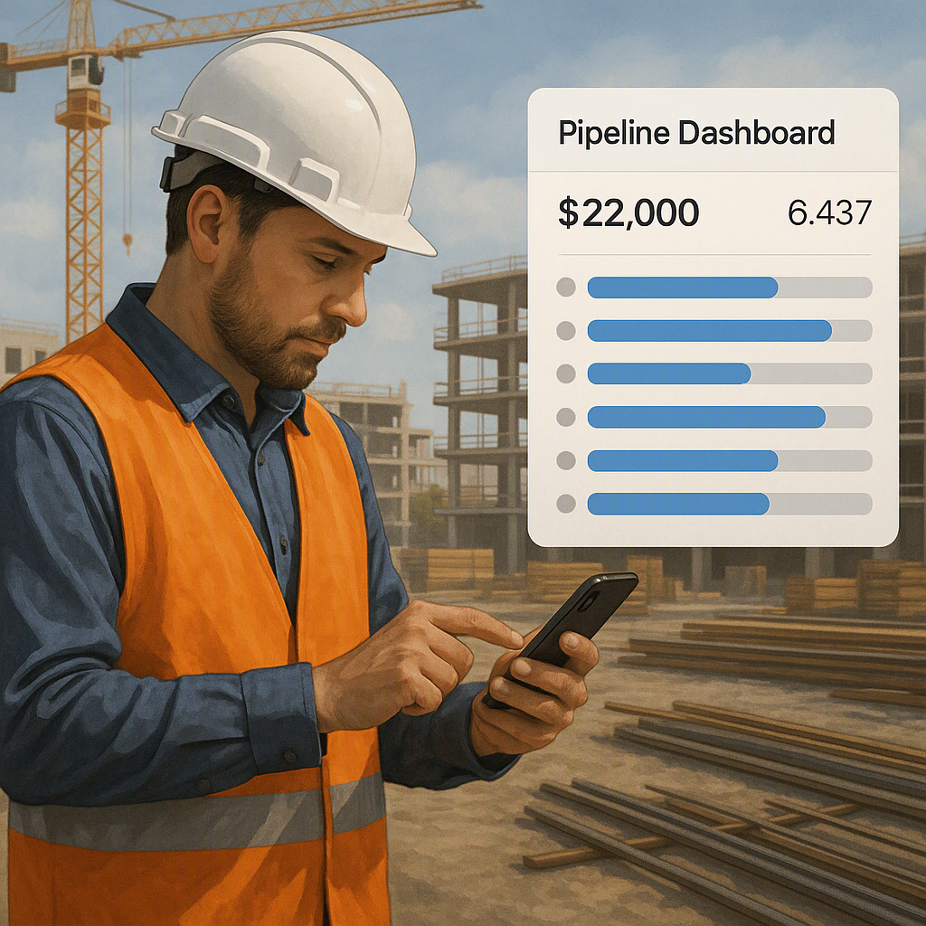 A realistic illustration showing a contractor on a construction site using a mobile app to input data, with a visible pi...