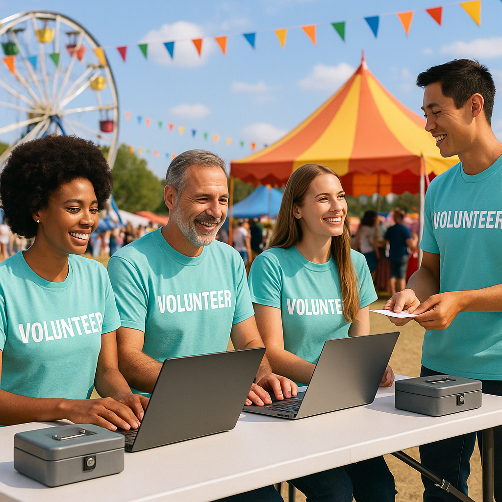 A diverse group of community volunteers working at an event registration desk, with laptops and cash boxes, set against...