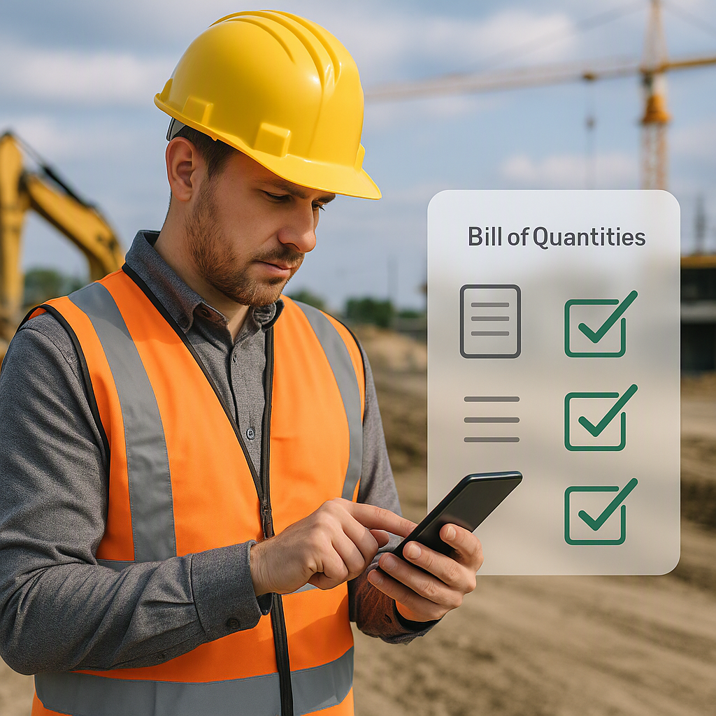 A contractor using a mobile app on-site to fill in a Bill of Quantities, with construction equipment in the background a...