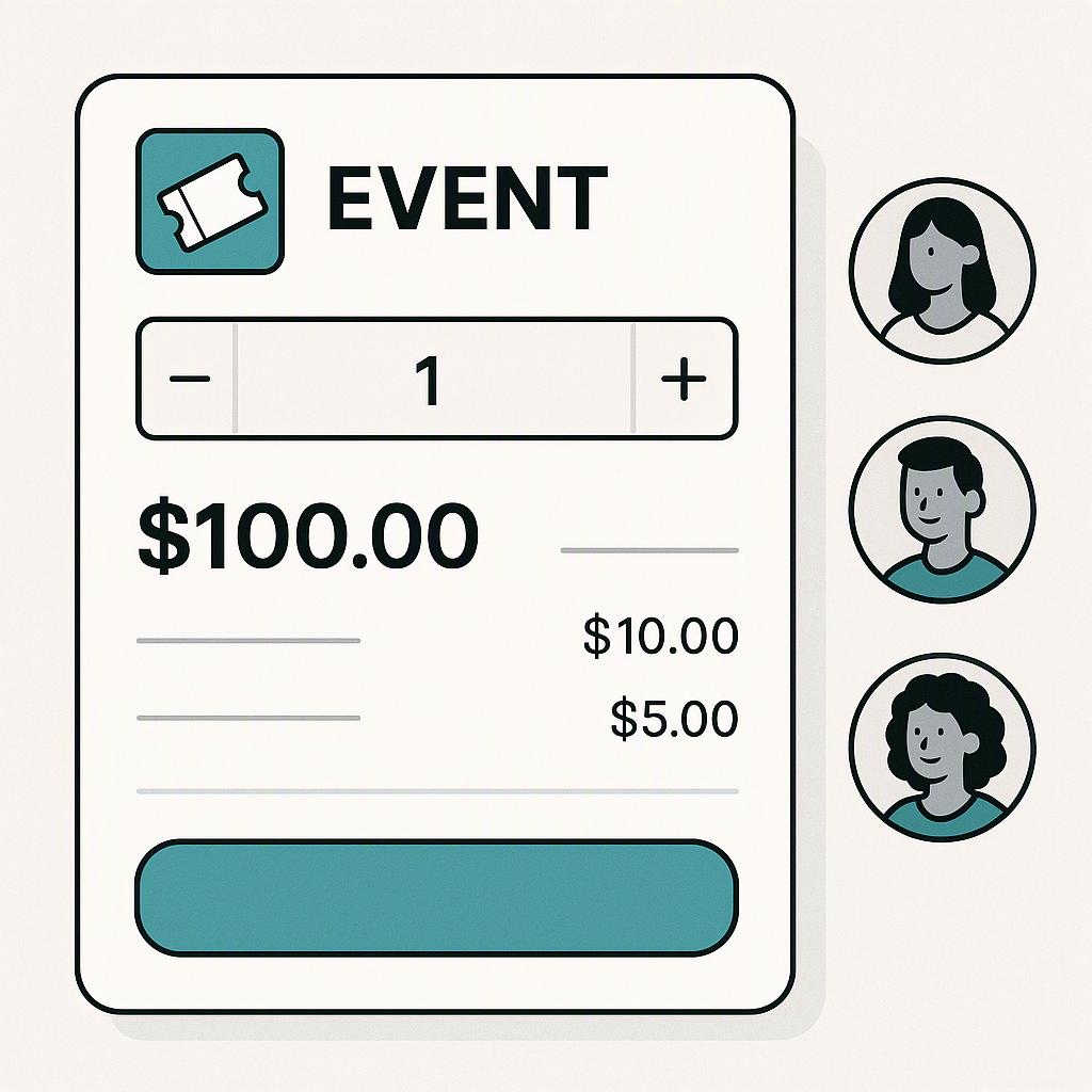 A modern event ticketing interface with clear pricing breakdowns, showing face-value ticket price, taxes, and fees trans...
