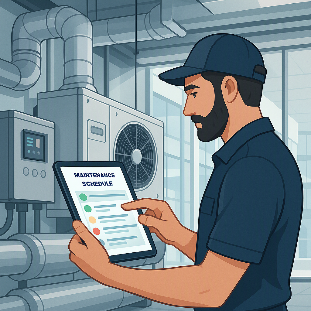 A detailed illustration of a contractor reviewing a digital maintenance schedule on a tablet, alongside a high-tech HVAC...