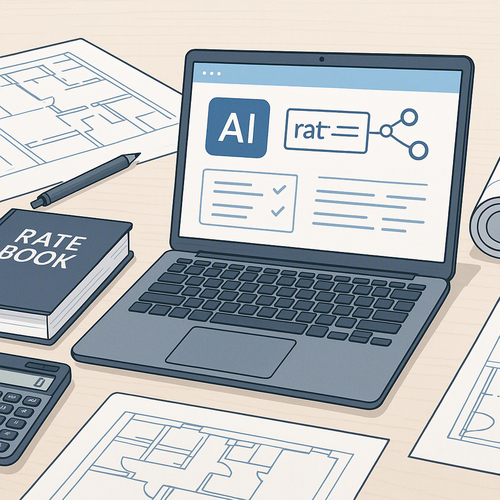 A detailed illustration of a construction estimator's desk with an open laptop displaying AI-powered rate matching softw...
