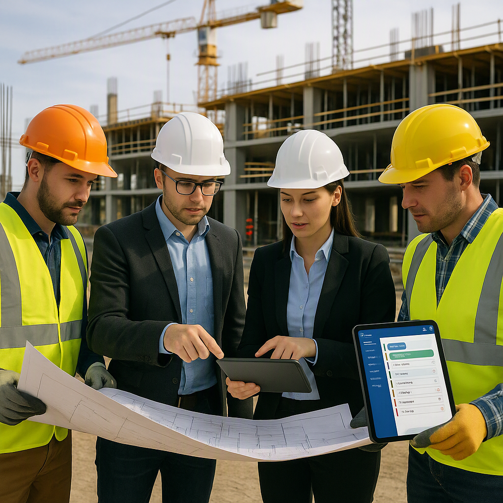 A detailed construction site with workers and managers reviewing project plans and a digital tablet with a workflow mana...