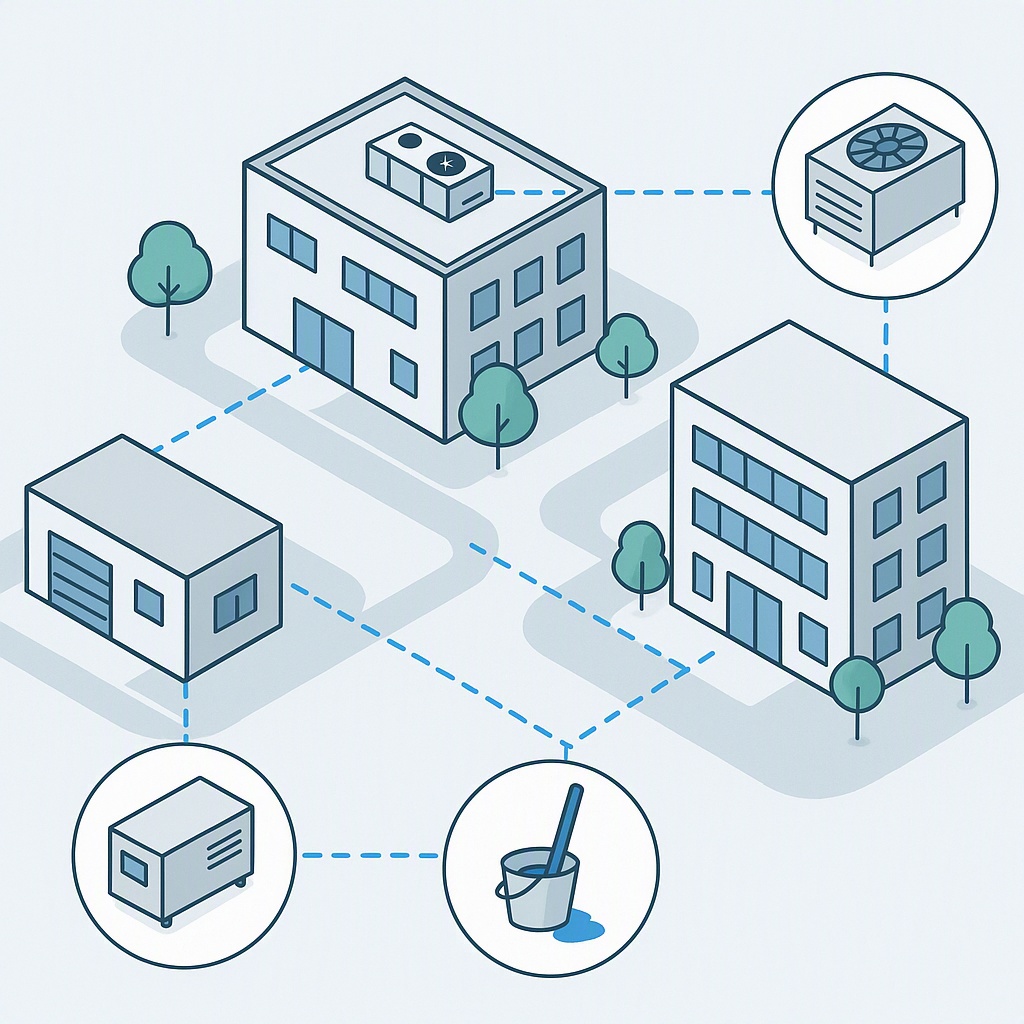 An illustration of a multi-site facility with marked locations for equipment like HVAC systems, generators, and cleaning...