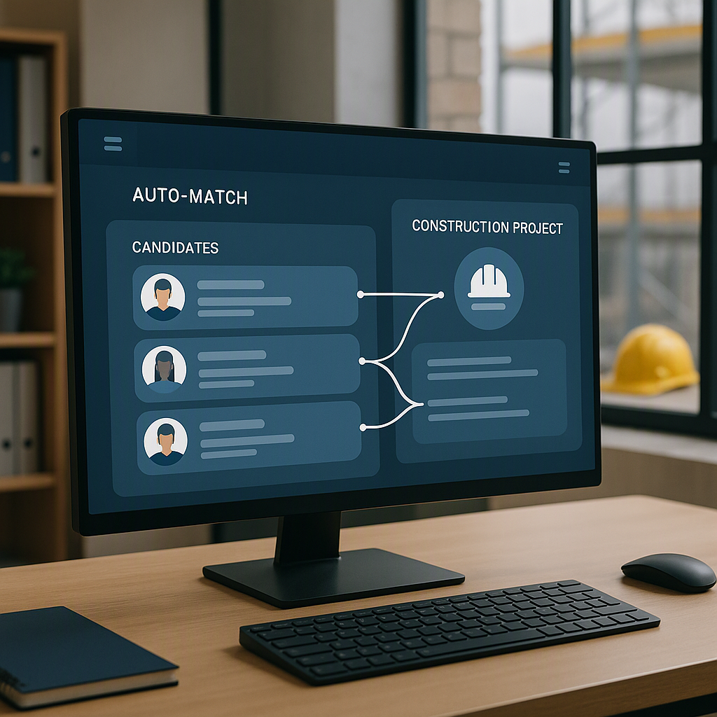 A futuristic recruitment dashboard on a computer screen, showing candidate profiles being auto-matched for a constructio...