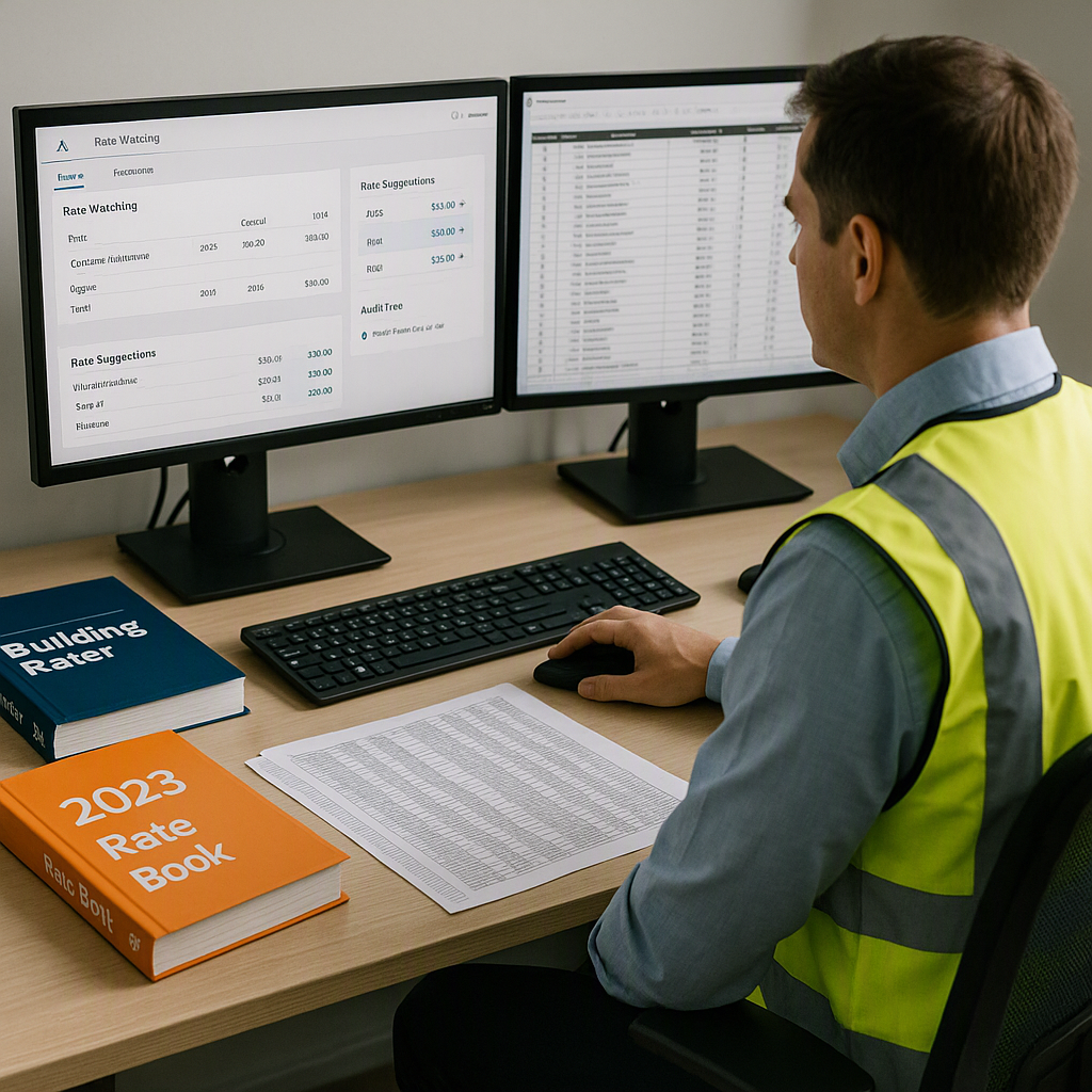 A construction estimator at a desk with dual monitors, one displaying an AI-powered rate matching tool (clear UI element...