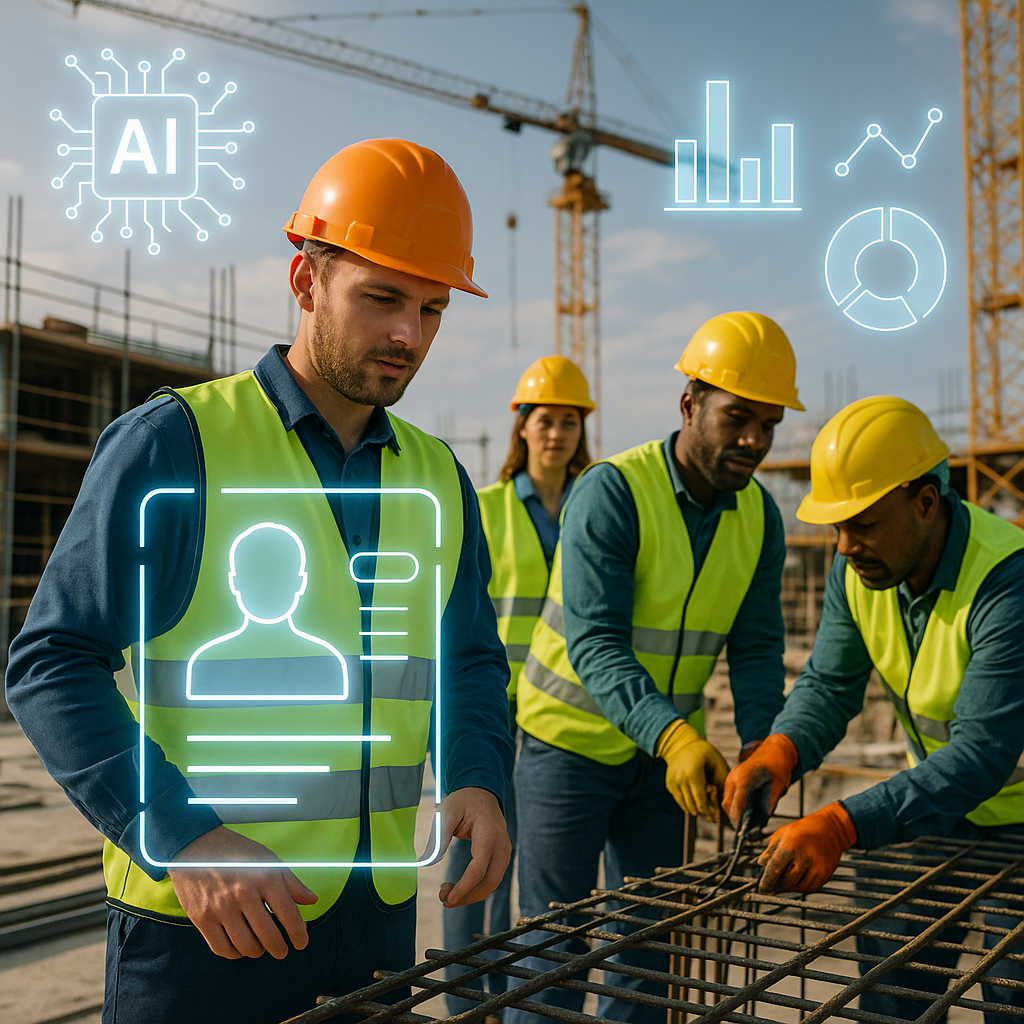 A construction project site with workers in safety gear, overlaid with futuristic AI icons like a holographic candidate...