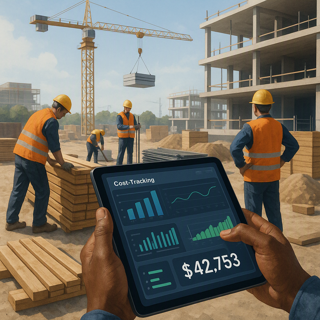 A realistic illustration of a construction project site with workers, materials, and a digital tablet displaying a real-...