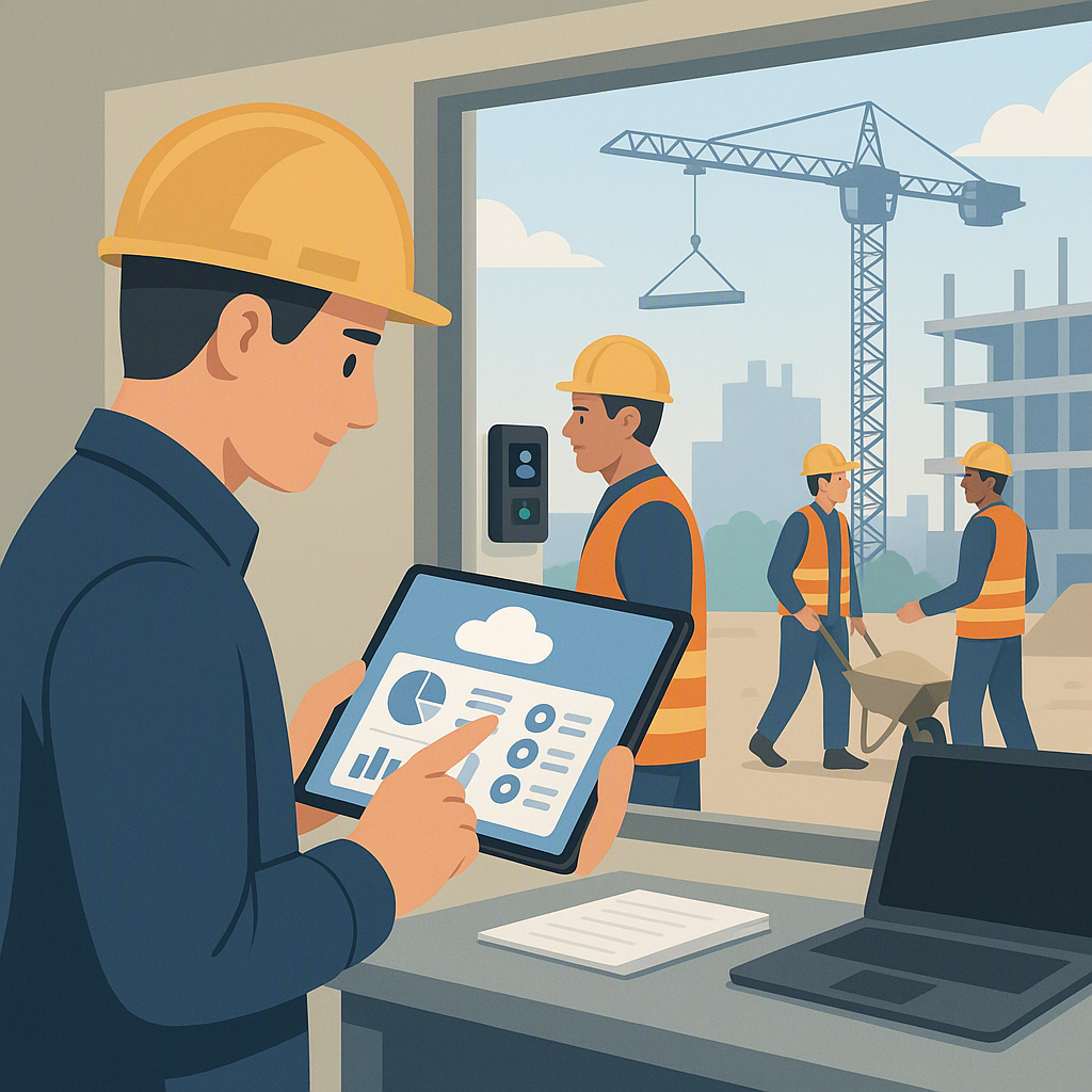 An illustration of a construction site office with a manager accessing a cloud HR dashboard on a tablet. Workers in the...
