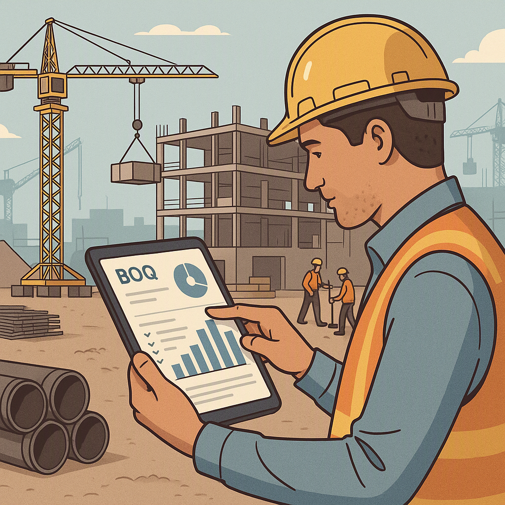 A detailed illustration of a construction manager reviewing a digital BOQ dashboard on a tablet at a site, surrounded by...
