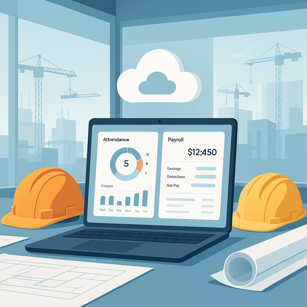A futuristic workspace with construction site elements (helmets, plans) and a cloud icon above an HR dashboard showing a...