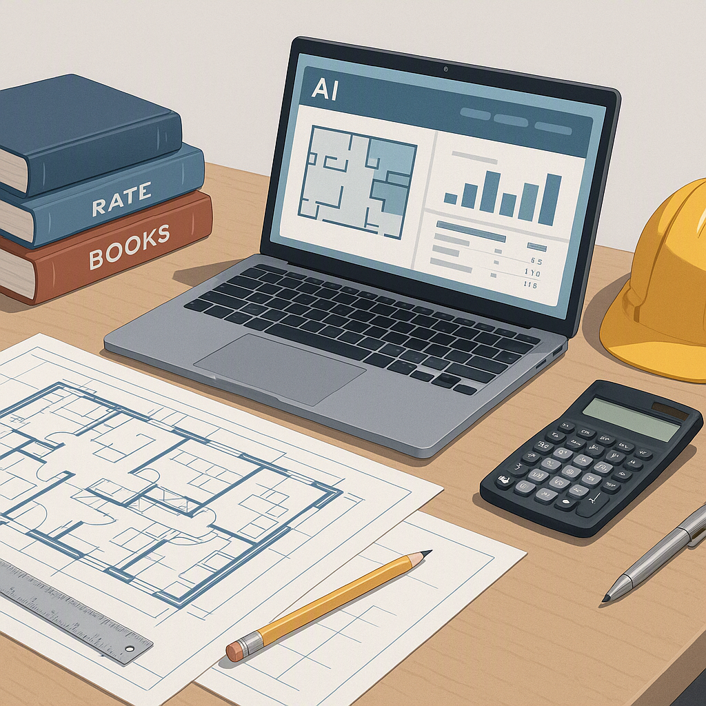 A detailed illustration of an estimator's desk featuring construction blueprints, a laptop displaying AI-powered estimat...
