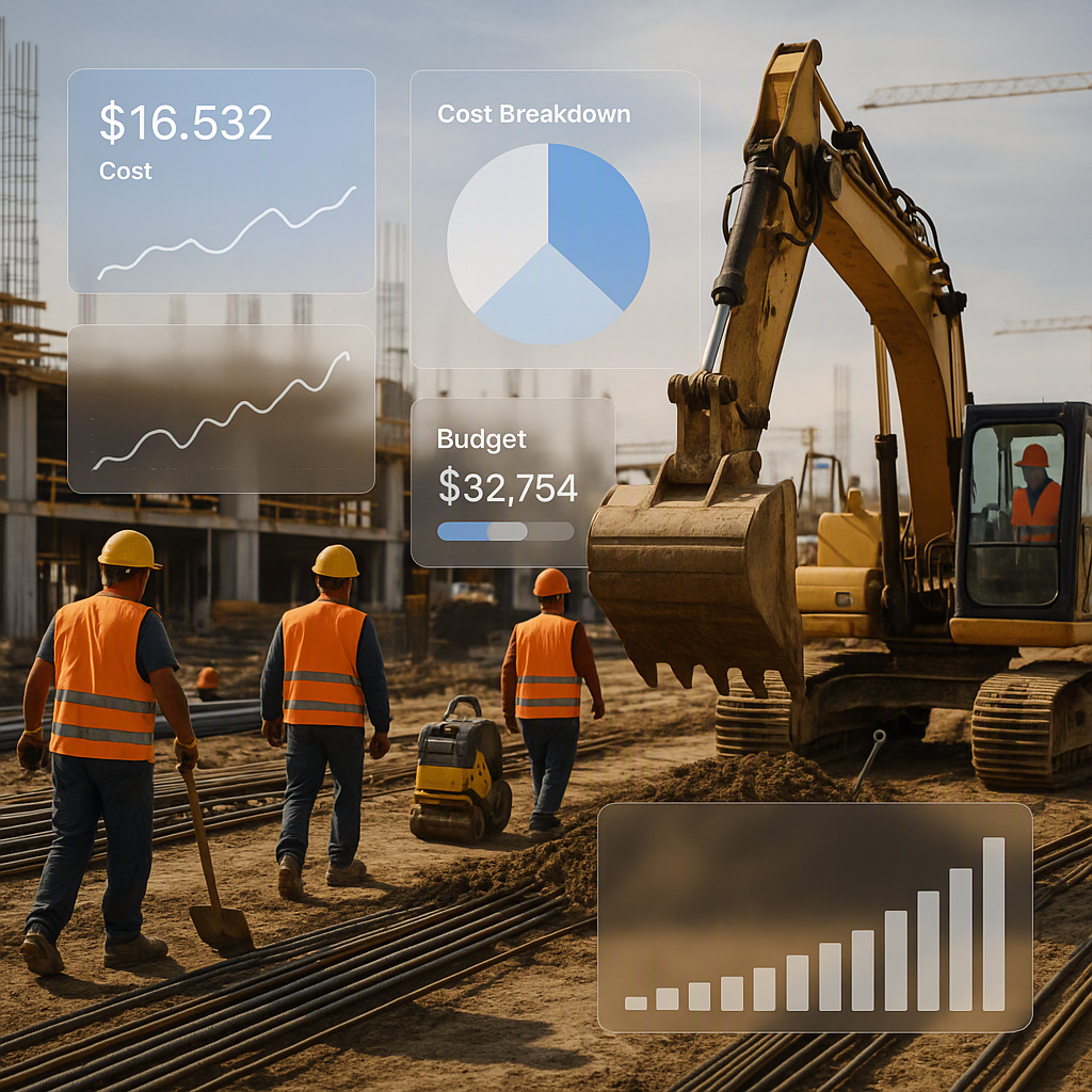 A construction site with workers and equipment, overlaid with transparent digital cost tracking dashboards and graphs, s...