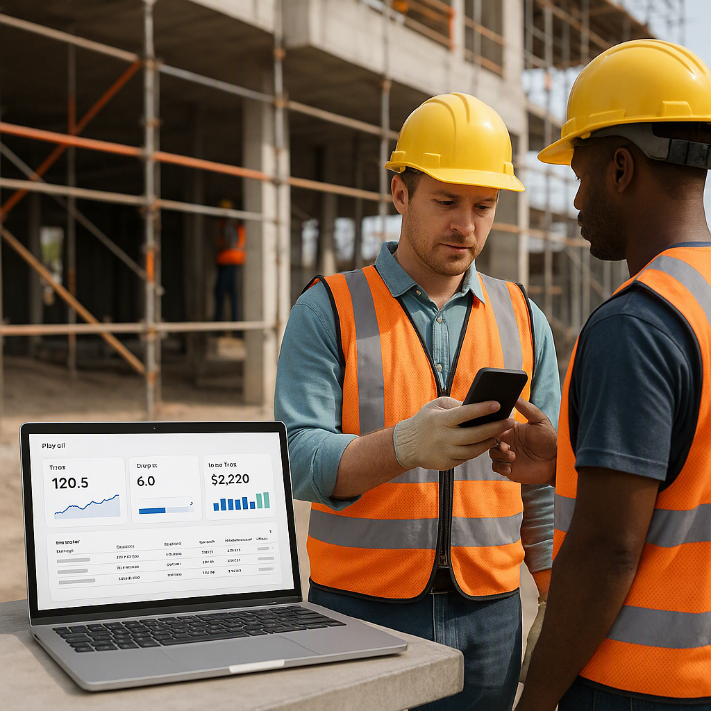 A construction site with workers clocking in using a mobile app, with a real-time payroll dashboard open on a laptop nea...
