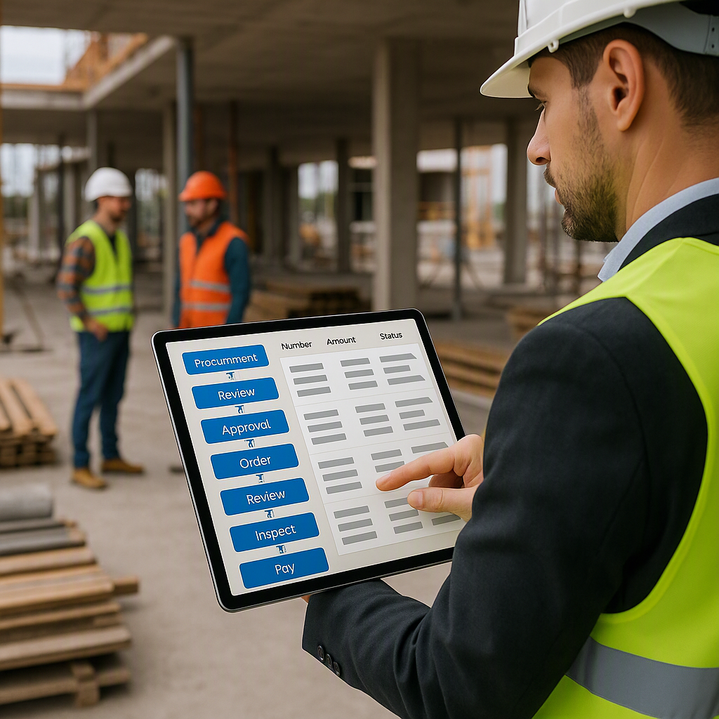 A construction site with a manager using a tablet displaying a structured procurement workflow dashboard, with workers a...