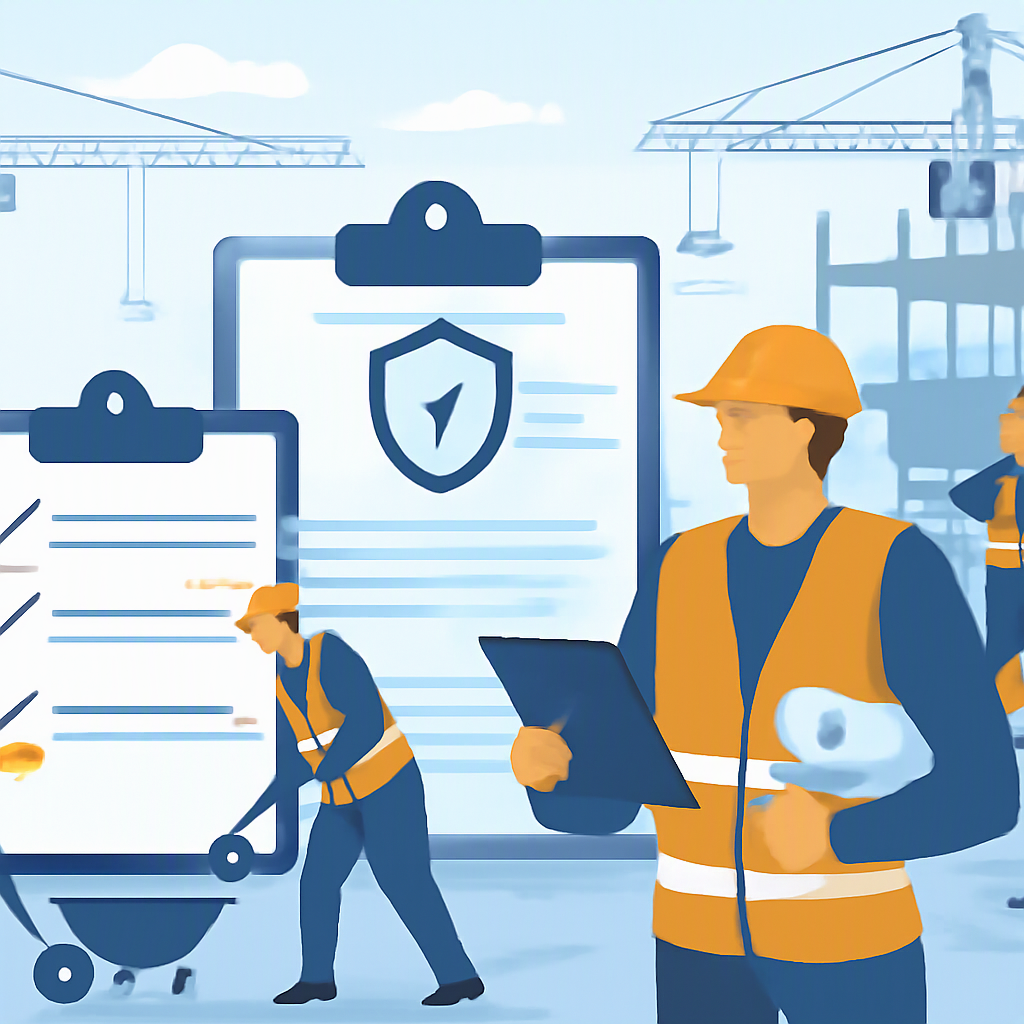 A detailed illustration of a construction site with multiple subcontractors working, featuring clipboards, compliance do...