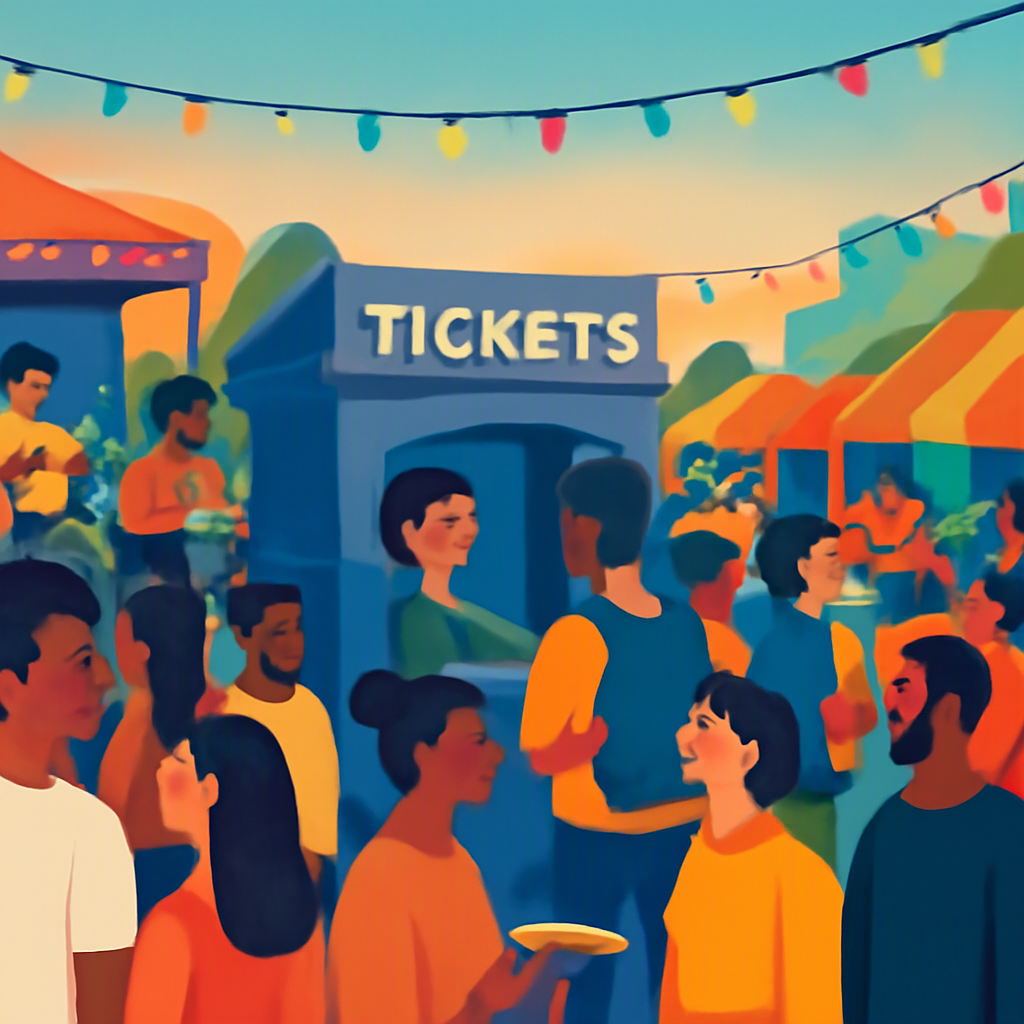 A vibrant community event with music and food stalls, featuring a diverse crowd enjoying the atmosphere, with a clear ti...