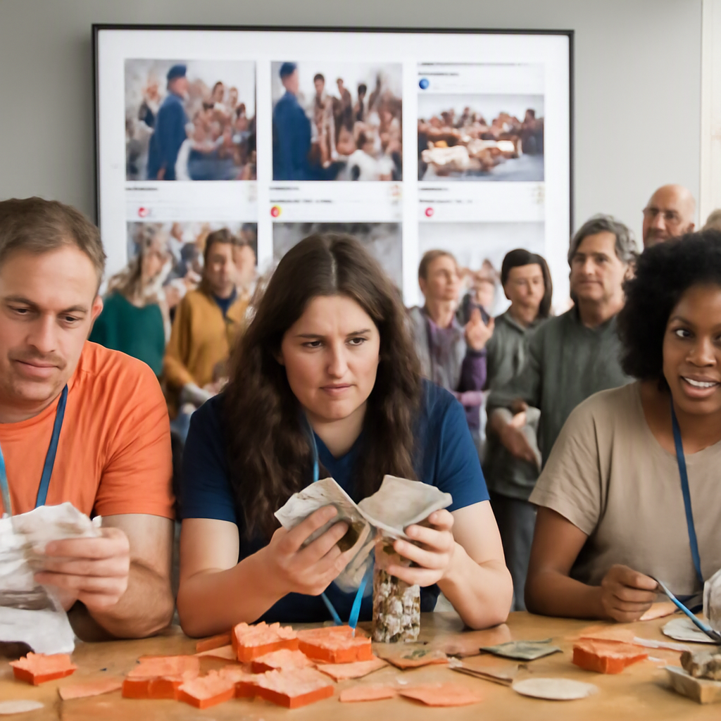 A community event scene with a large screen showing social media posts, but in the foreground, volunteers struggle with...