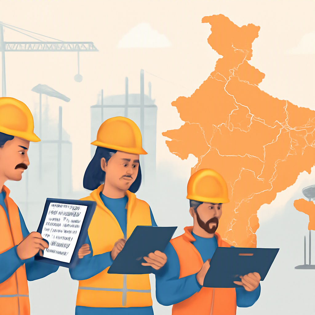 A detailed illustration of a construction site with workers checking payroll records on digital tablets, alongside an ov...
