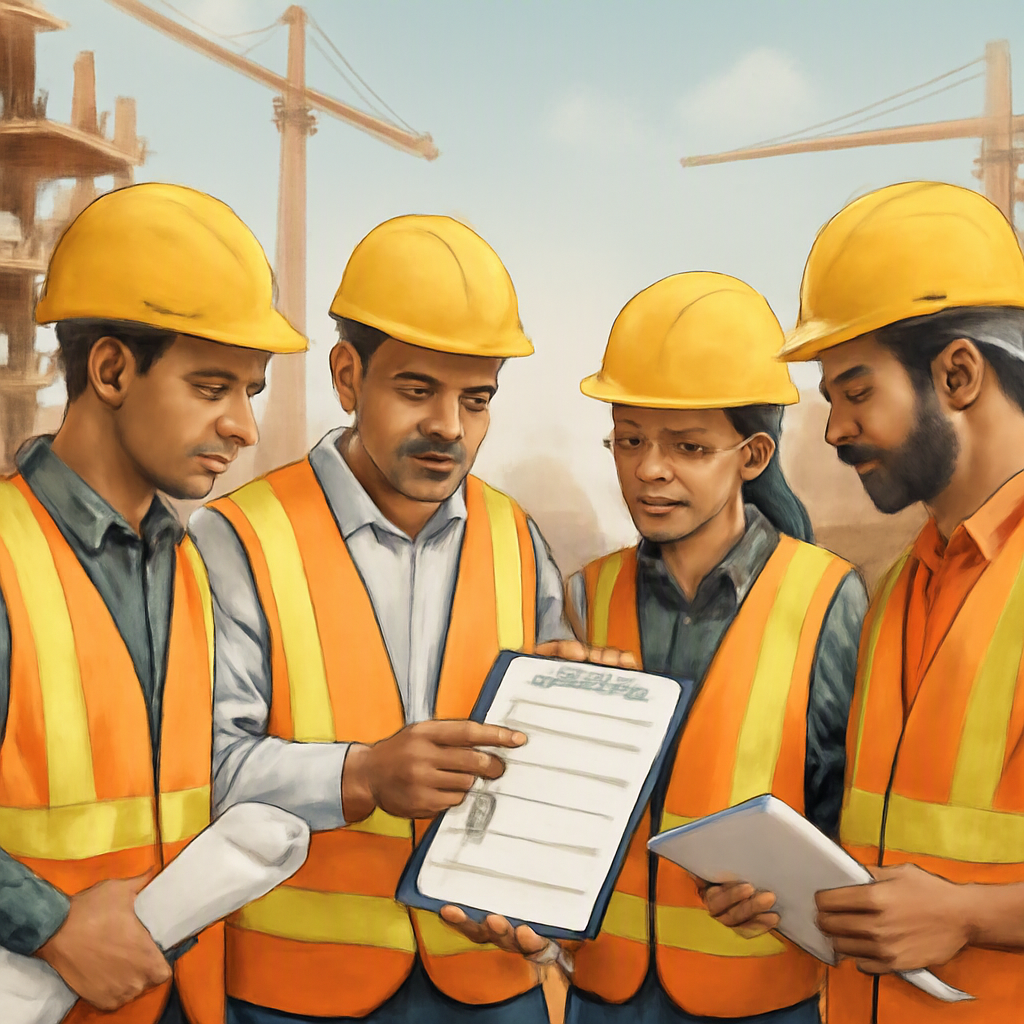 A realistic illustration of a construction site in India or GCC, showing contractors reviewing documents with subcontrac...