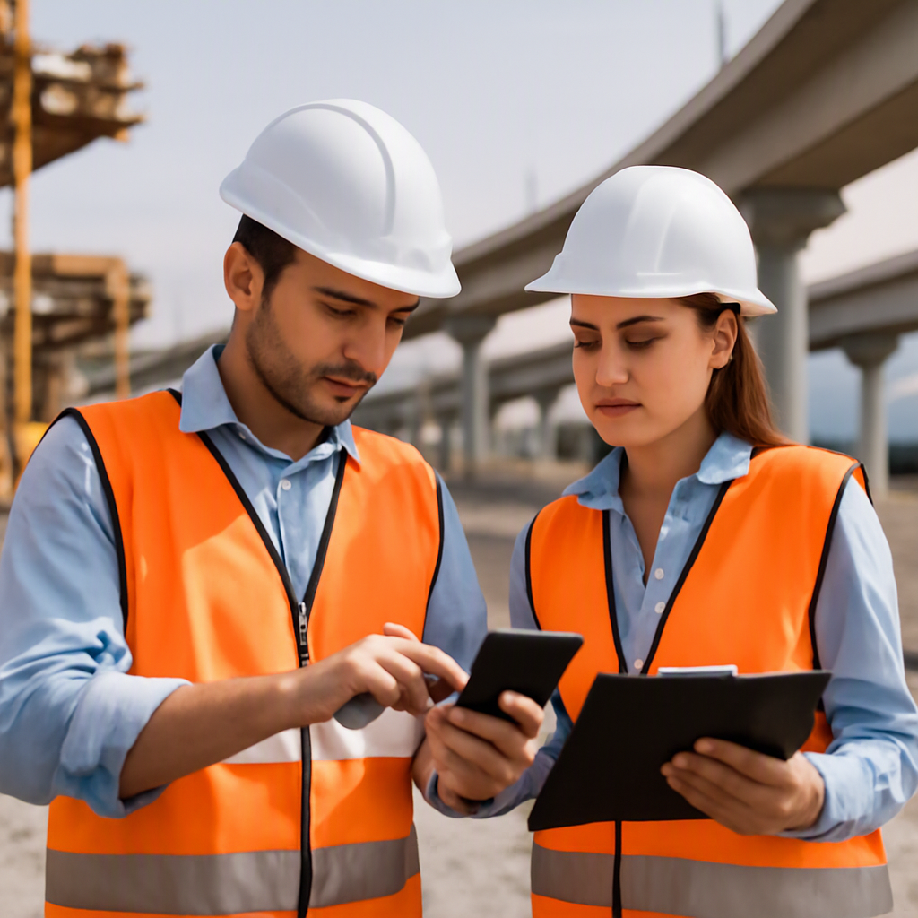 A construction site with engineers using a mobile app to input real-time data into a BOQ system, with a backdrop of a mu...