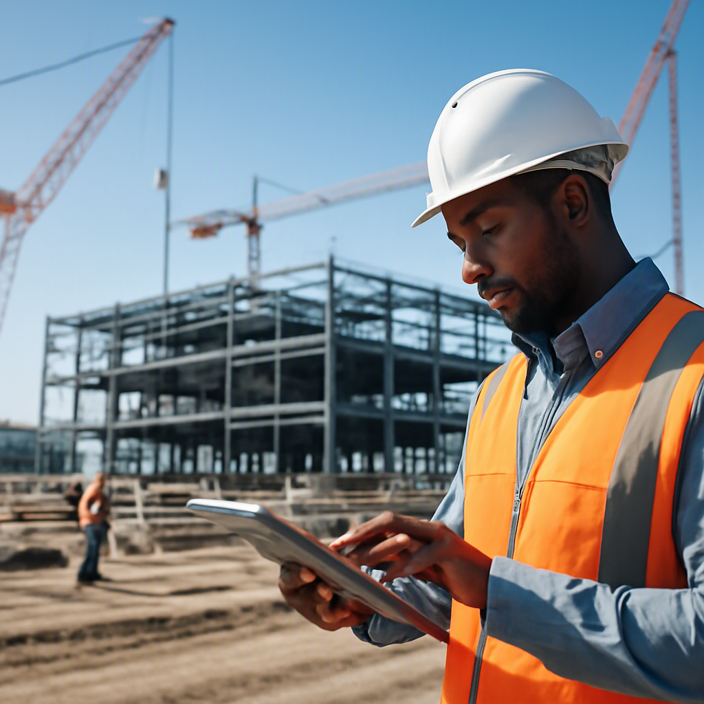 A mobile construction supervisor using a tablet on a large data center construction site in Pennsylvania, capturing site...