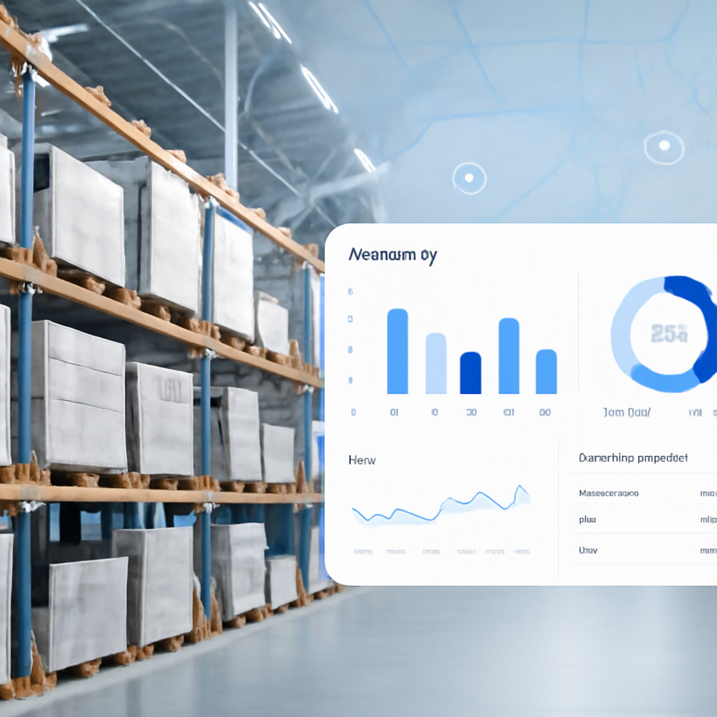 A modern warehouse with a digital dashboard overlay showing real-time inventory data, multiple locations marked on a map...
