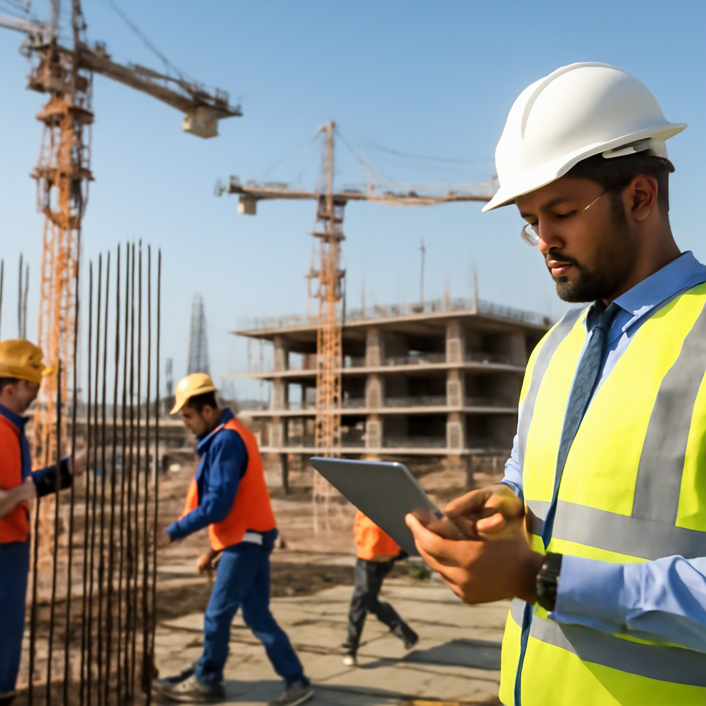 A dynamic construction site in GCC or India, showing workers, cranes, and a project manager using a tablet to track prog...