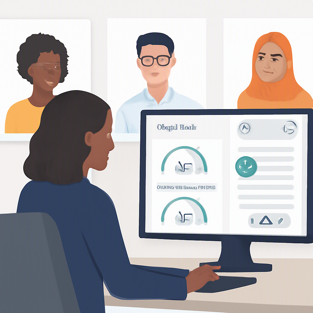 An HR professional using an AI-powered dashboard to analyze resumes, featuring diverse candidates in the background. The...