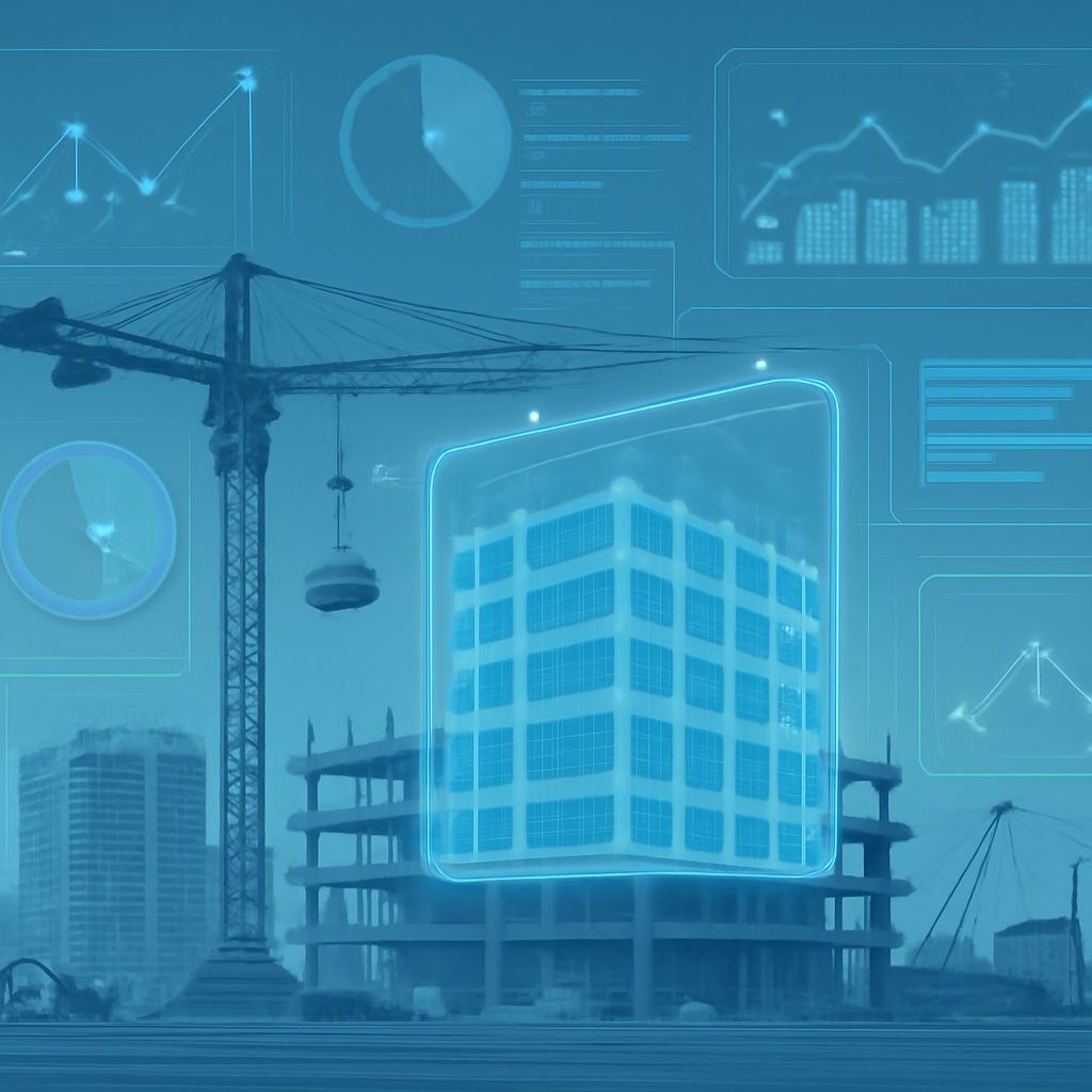 A detailed illustration of a construction project site with overlayed digital elements like AI-driven graphs, cost break...