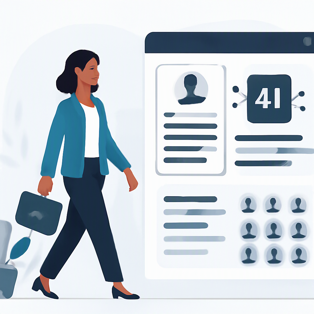 An illustration of a professional returning to work after leave, with an AI interface analyzing a resume in the backgrou...