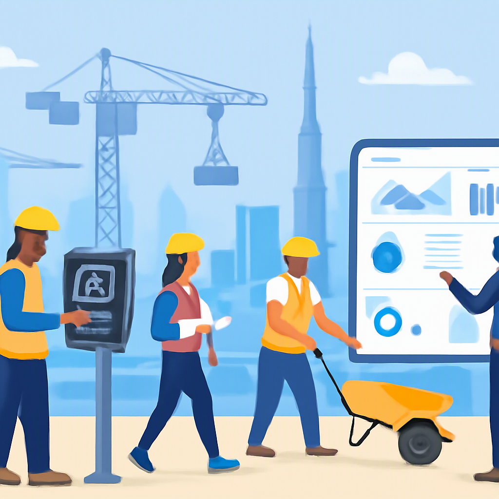 An illustration of a construction site with diverse workers, biometric attendance machines, and a digital dashboard show...