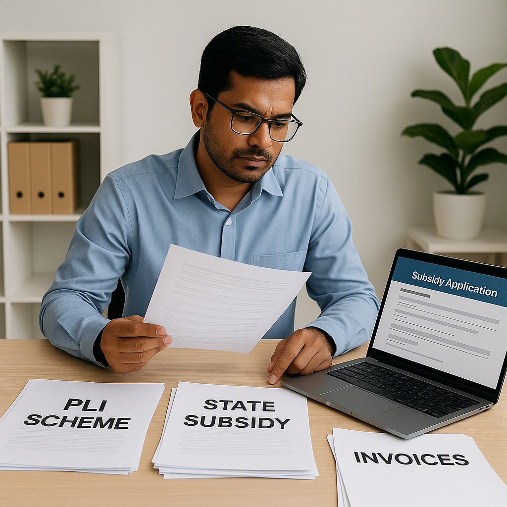 An Indian MSME owner reviewing documents at a desk, surrounded by papers labeled 'PLI Scheme', 'State Subsidy', and 'Inv...