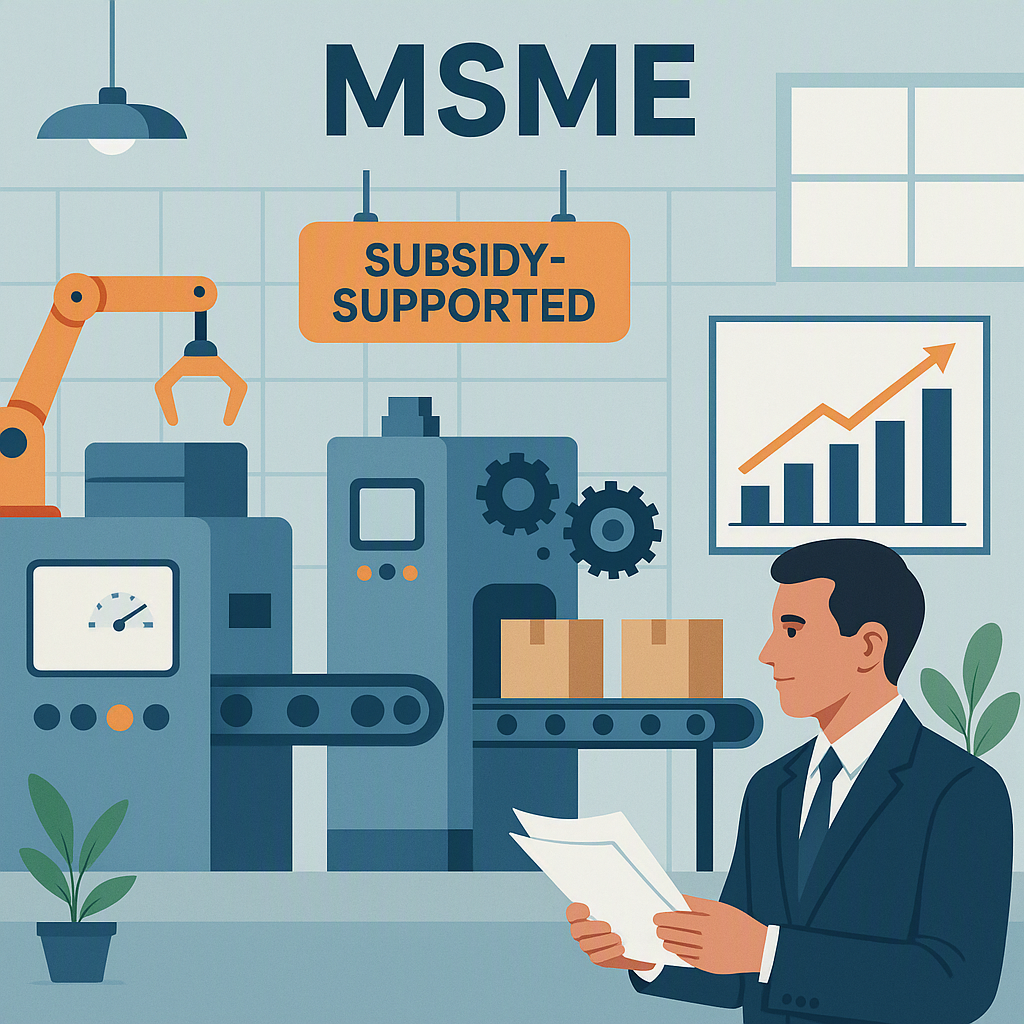 A detailed illustration of an MSME factory with machinery labeled 'subsidy-supported', a government official reviewing d...