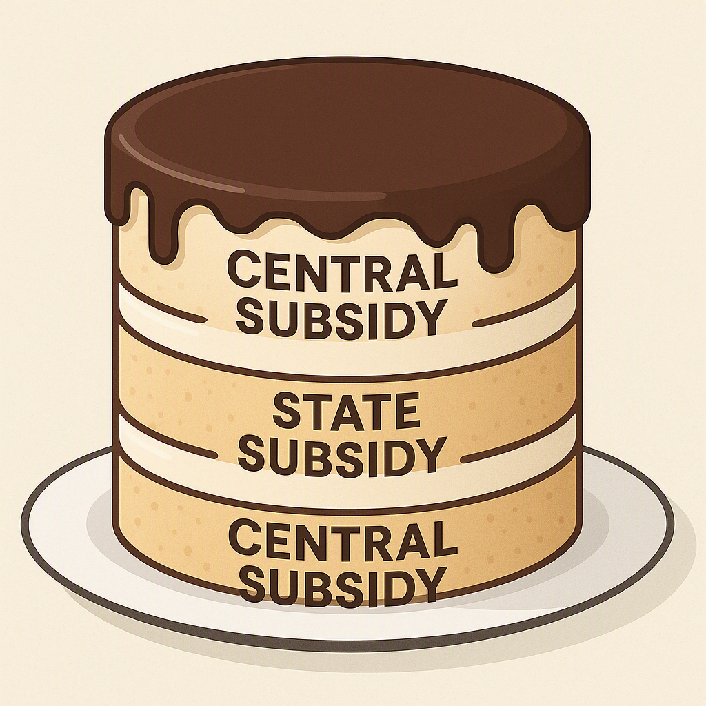 A detailed illustration of a layered cake with each layer labeled as a subsidy type (Central, State), symbolizing scheme...