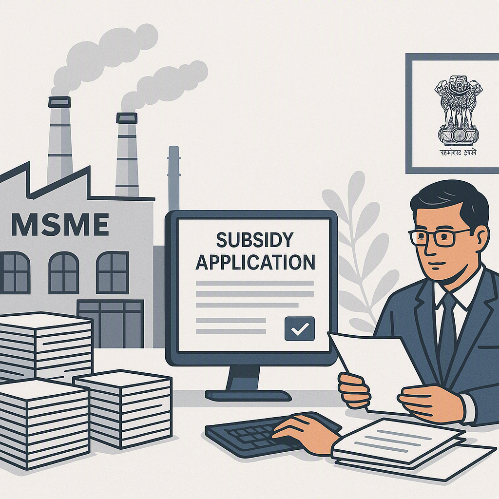A detailed illustration of an MSME factory setup in India, showing stacks of paperwork, a computer screen with a subsidy...