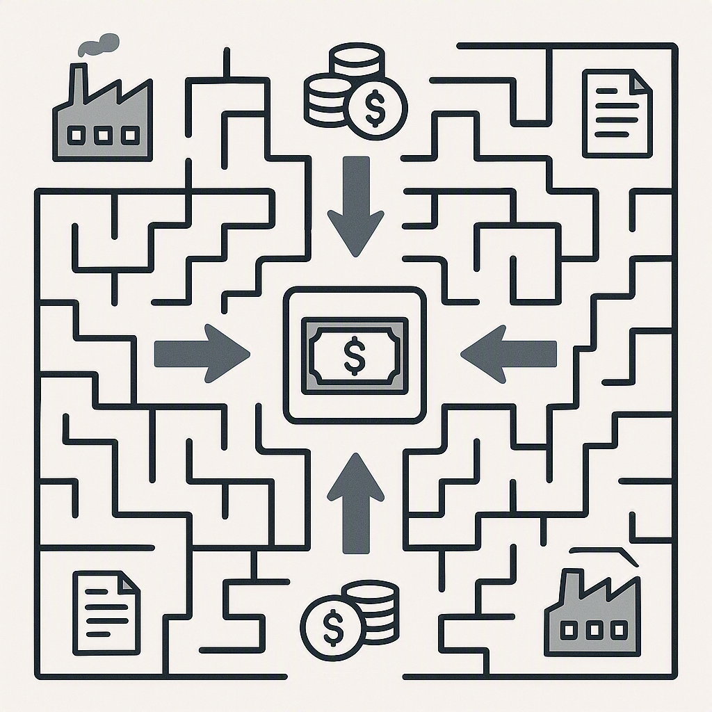 An illustration of a maze with arrows pointing to 'Subsidy' at the center, surrounded by icons of factories, documents,...