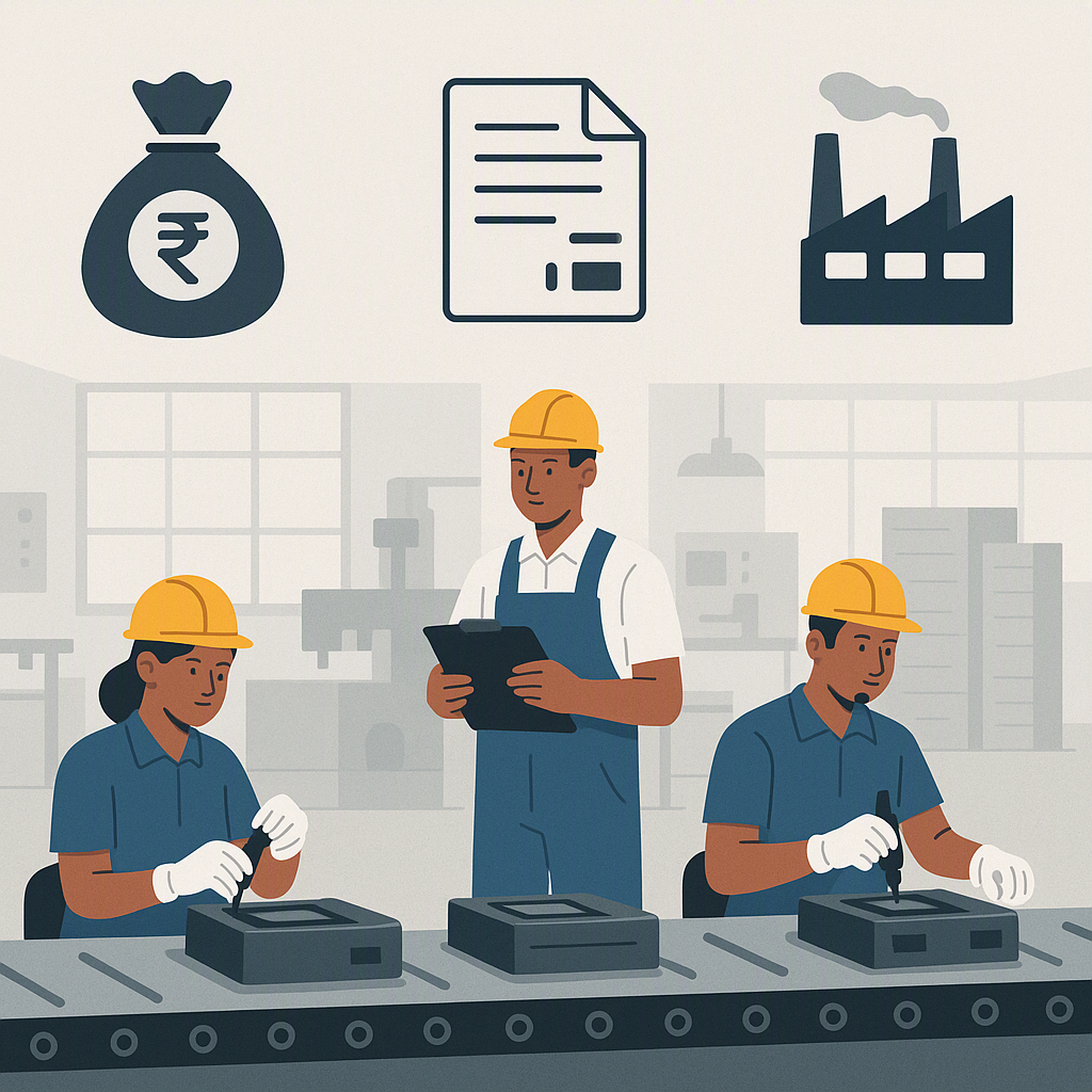 A modern Indian manufacturing unit with workers assembling products, surrounded by icons representing subsidies (e.g., m...
