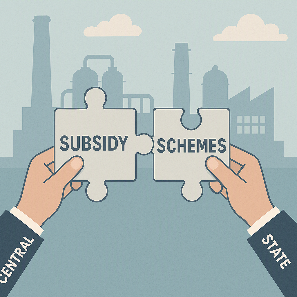 An infographic-style image showing two hands (labeled 'Central' and 'State') combining puzzle pieces labeled 'Subsidy Sc...