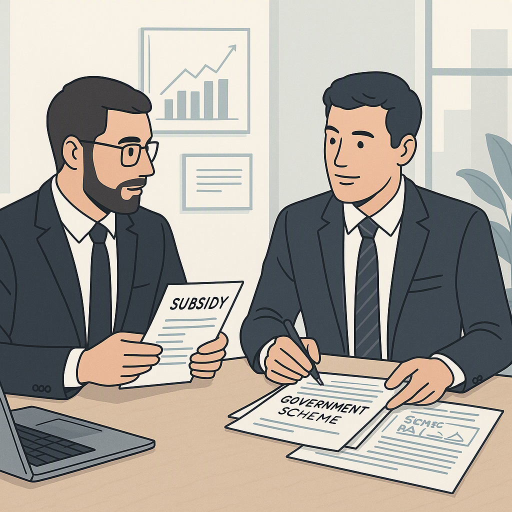 A detailed illustration of a business owner reviewing subsidy documents with a consultant, set in a modern office, with...