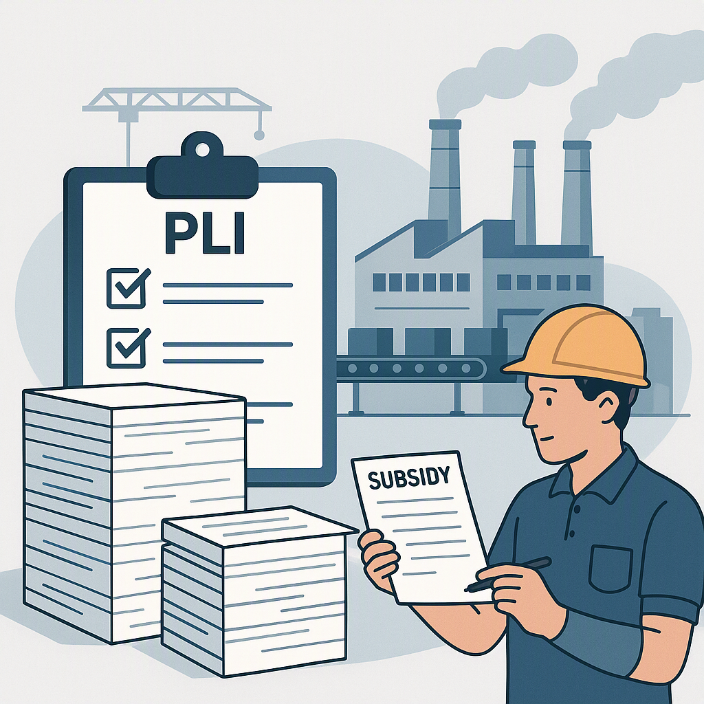 A detailed illustration of a manufacturing unit with stacks of documents, a checklist, and a factory worker analyzing su...