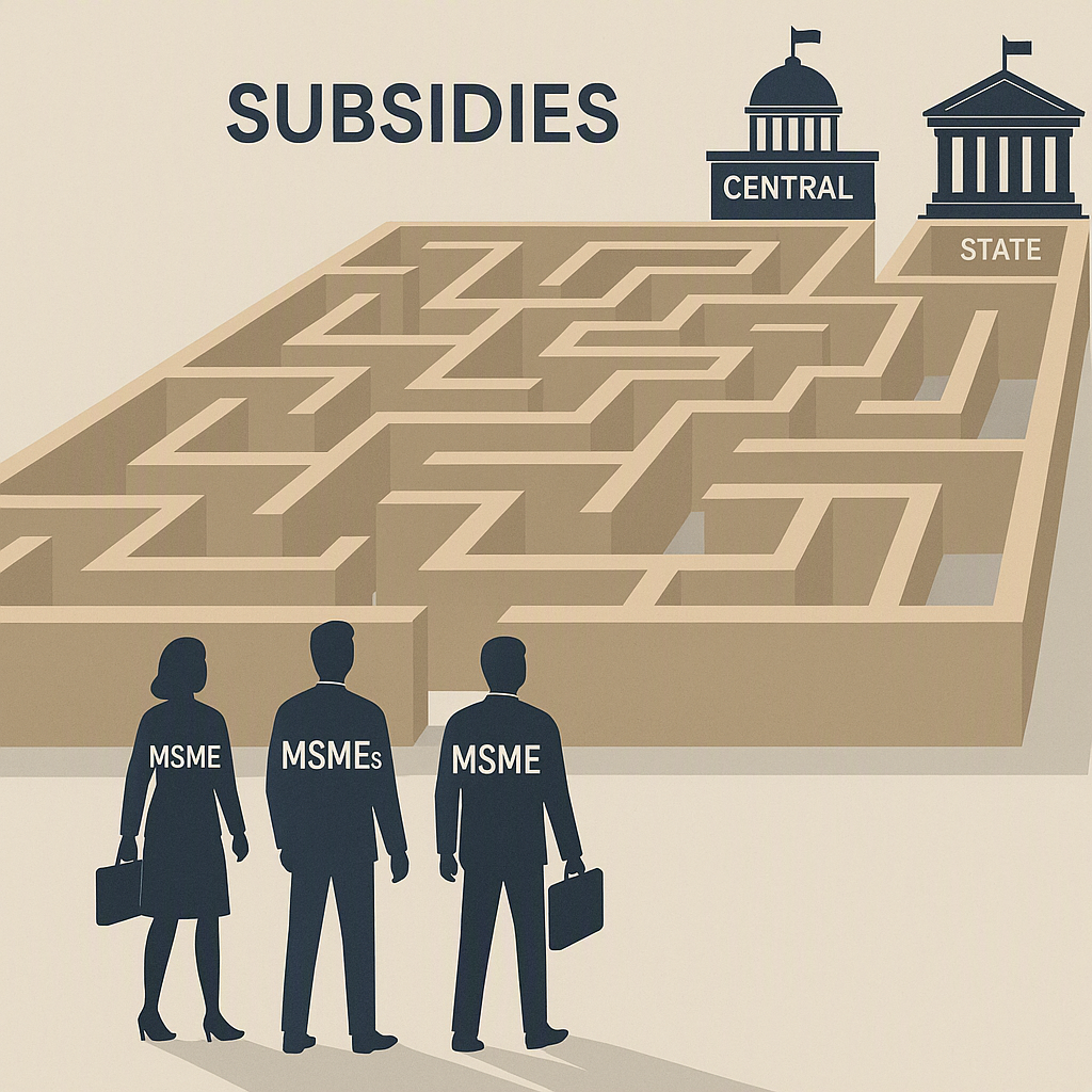 A visual representation of MSMEs navigating a maze labeled 'Subsidies', with Central and State Government buildings at t...
