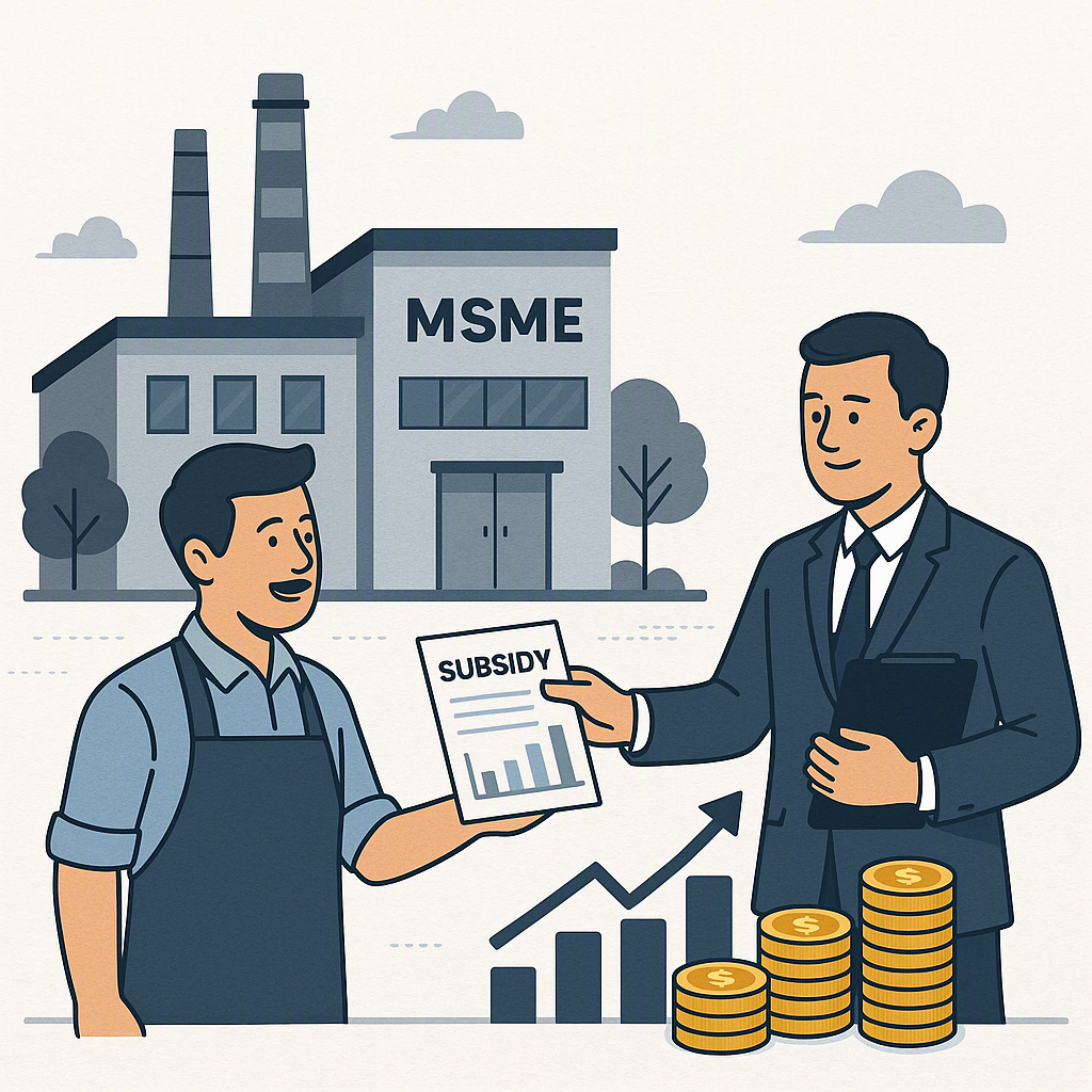 A detailed illustration of an MSME factory with a government official handing over subsidy documents, showing collaborat...